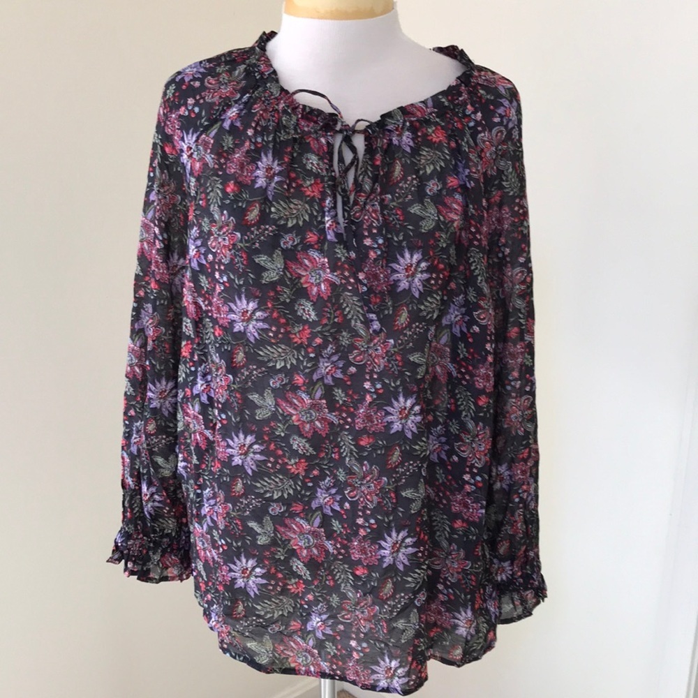 Loft XL black floral long sleeve ruffled neck blouse.
